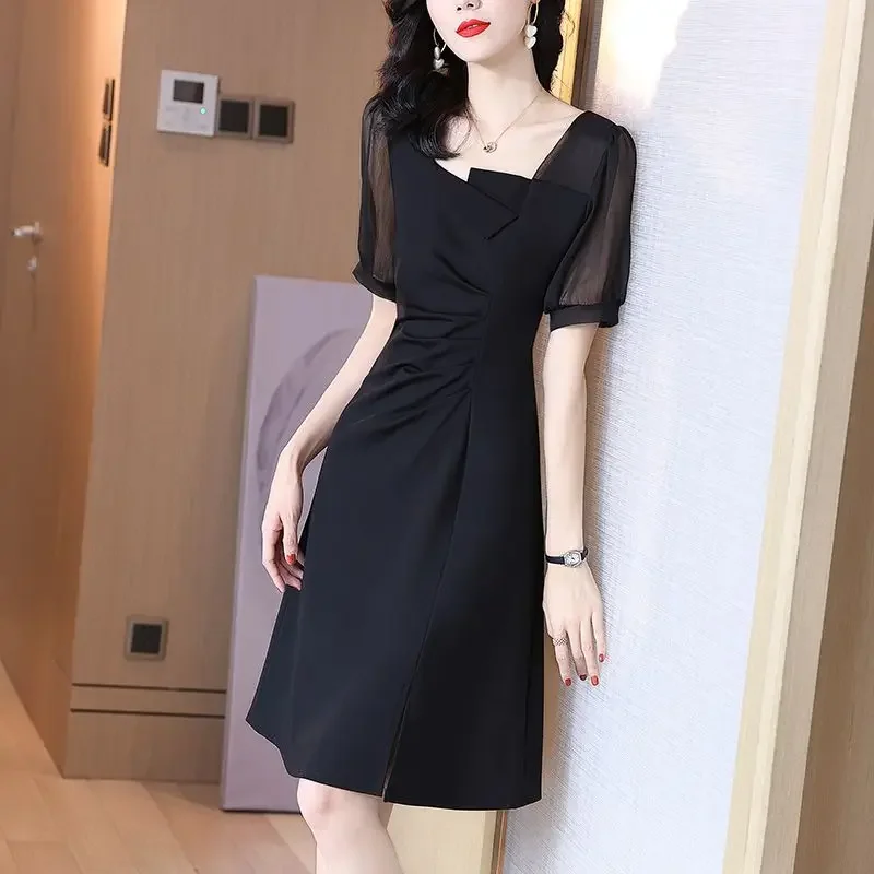 여성 미디 실크 쉬폰 새틴 반팔 원피스 디자이너 코튼 A라인 시크하고 우아한 예쁜 옷 핫 Y2k