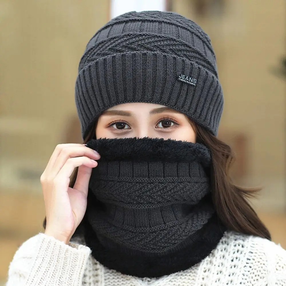 Two-Piece Set Fashion Women Knitted Hat Scarf Caps Neck Warmer Winter Hats For Men Women Skullies Beanies Warm Fleece Cap