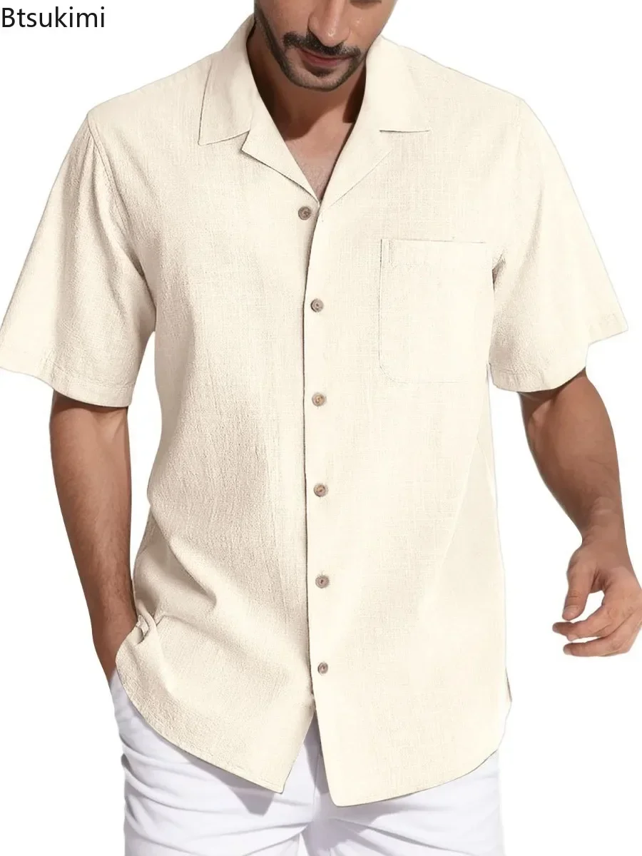 Chemise décontractée monochromatique pour hommes, chemise à manches courtes, revers, simple, respirant, cardigan confortable en Y, chemisier de plage, été, nouveau, 2025