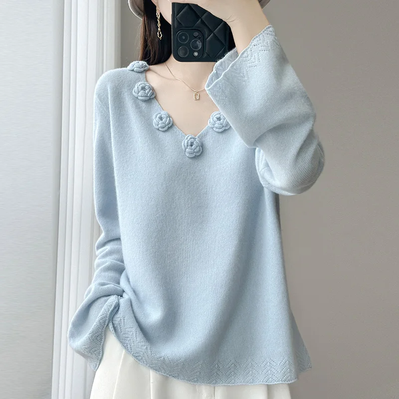 

Women's 100% wool V-neck pullover - 12 gauge plain knit with crochet flower embellishments and bell sleeves