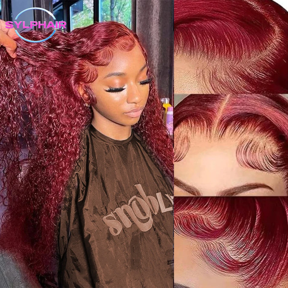 99Jバーガンディ13x6 HDレースフロント人毛ウィッグ 30～40インチ レッドカラー 13x4透明レース カールディープウェーブフロントウィッグ