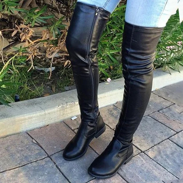 Botas altas hasta el muslo para mujer, punta redonda, tacón bajo, talla grande 41-46, botas impermeables para mujer, tendencia 2025