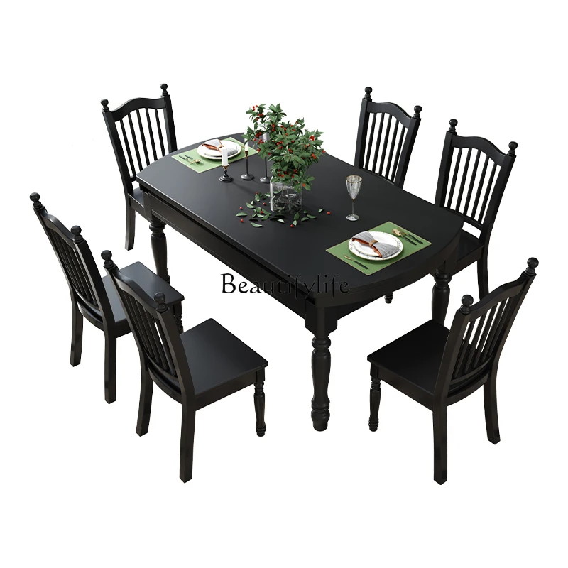 

Retro American-Style Solid Wood Dining Tables and Chairs Set Retractable Folding Dining Table