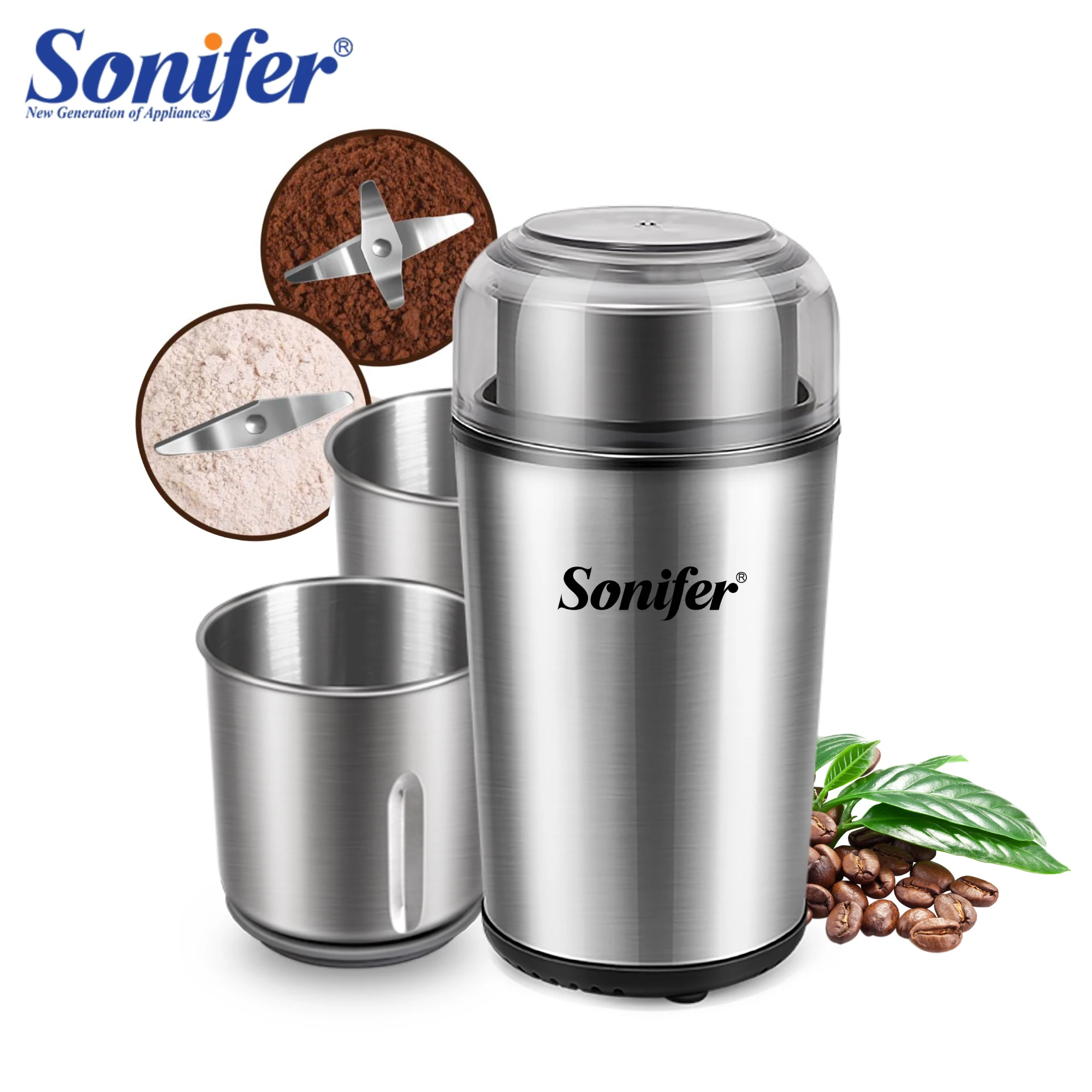 Sonifer Stainless Steels Electric Coffee and Spice Grinder 60g Two Removable Grinding Bowl 200W Coffee, Spices, Dry Herbs, Nuts