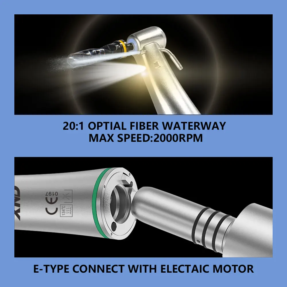 XND Dental 20:1 Reduction Speed Implant Surgery Contra Angle Handpiece with Fiber Optic E-type Connect Air Low Speed Handpiece