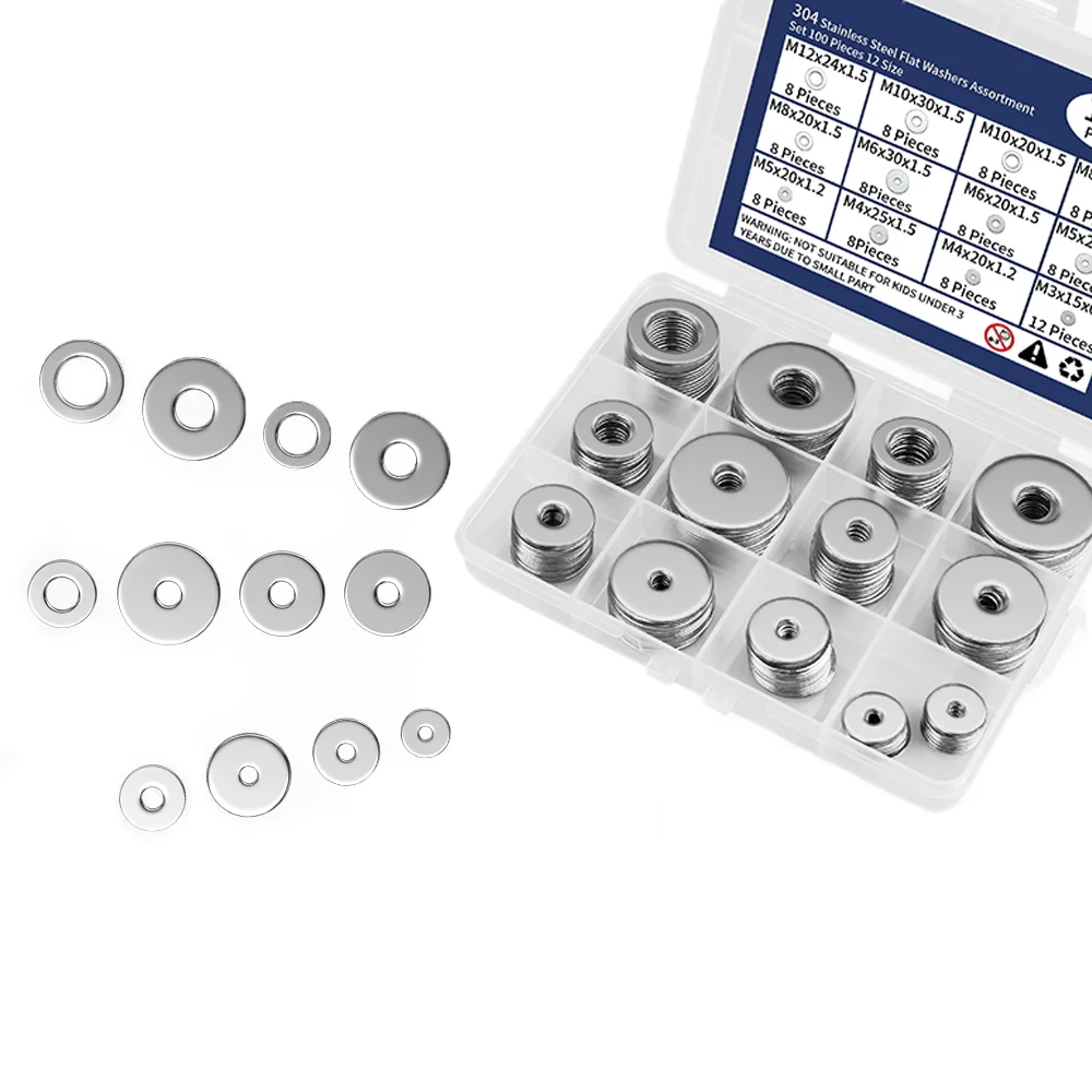 

Металлические плоские шайбы из нержавеющей стали 304 для винтов и болтов, комплект шайб в ассортименте M3-M12, большой и маленький аппаратный инструмент