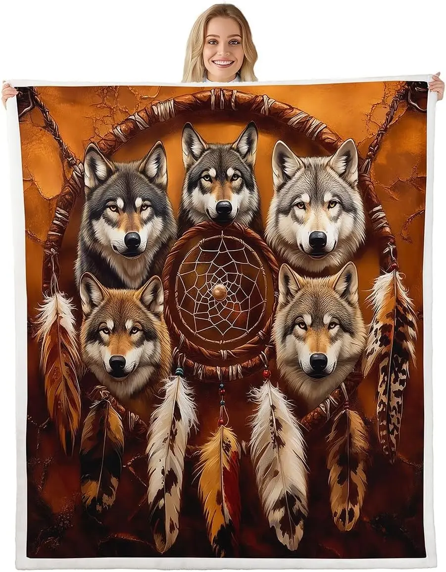 Fleece Throw Blanket Queen Dark Brown Plush Blanket for Bed Sofa Couch Dreamcatcher Sherpa Blanket Indian Hippie Feather Print