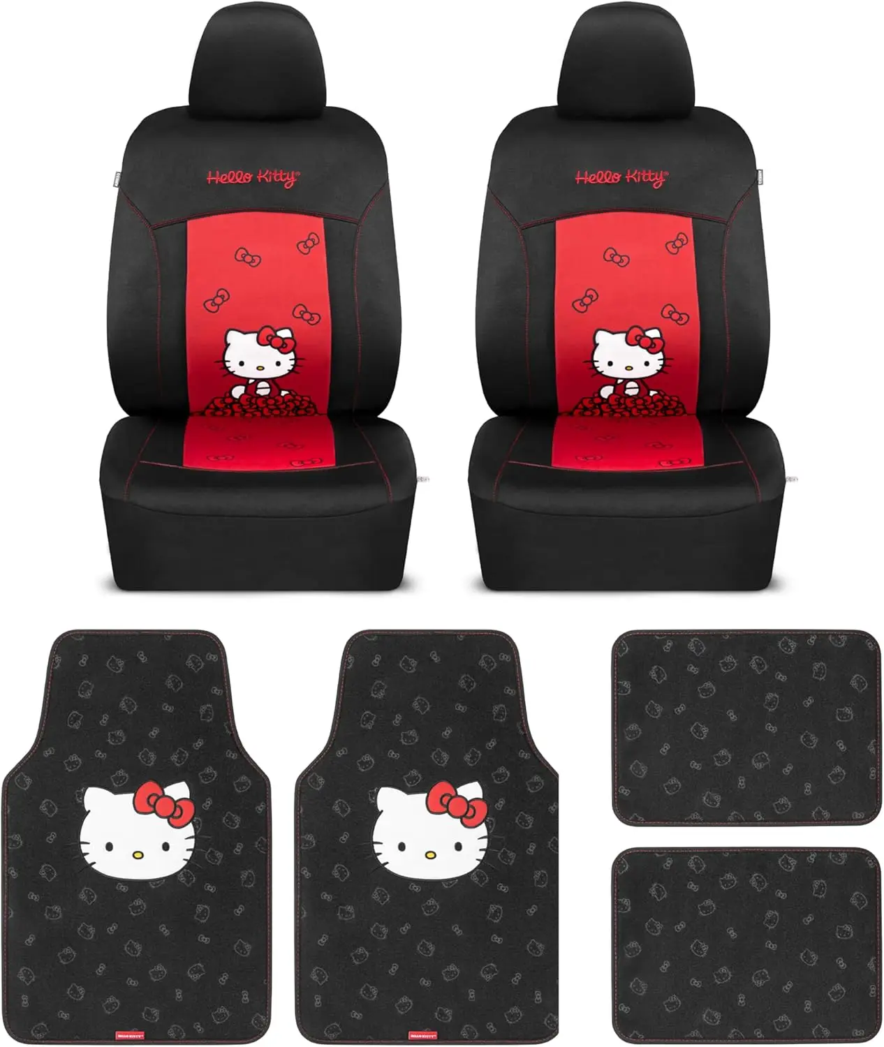 

Stylish Black and Red Car Seat Covers with 4PC Floor Mats - Universal Fit for Cars, SUVs, Trucks - Hello Kitty Print
