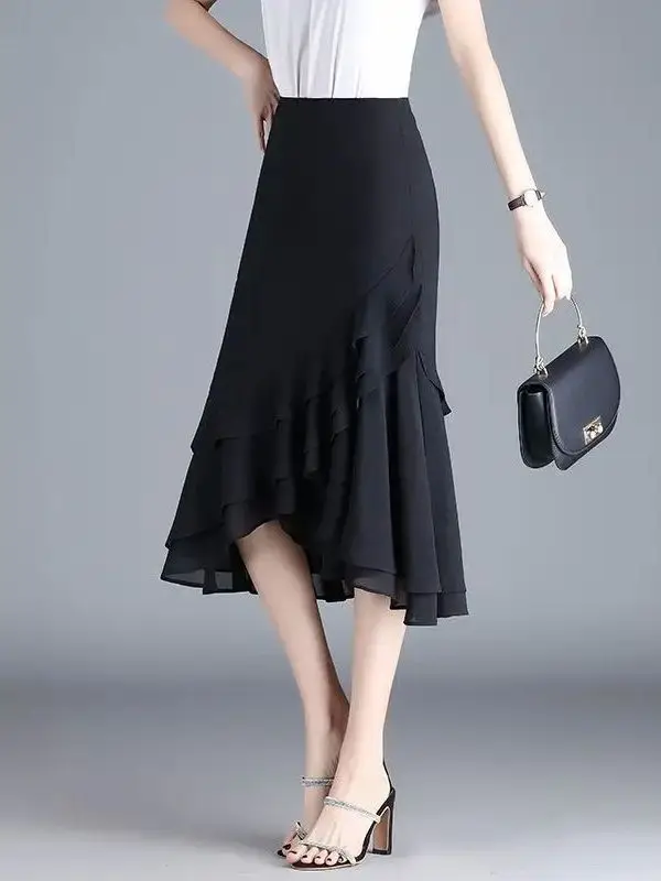 Saia Bodycon Irregular de Cor Pura com Cintura Alta em Tecido de Poliéster, Moda Feminina Primavera Verão, Estilo Justo