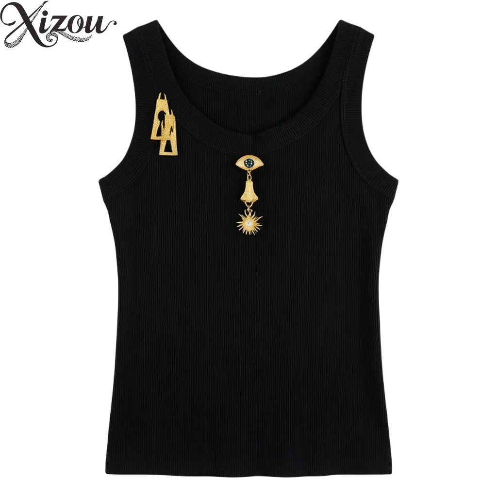 2026 Summer Normcore Heavy Metal Eye Sleeveless Camisole Slim Fit Women's Vest Tanks Camis Tanks Camis American High Elasticity