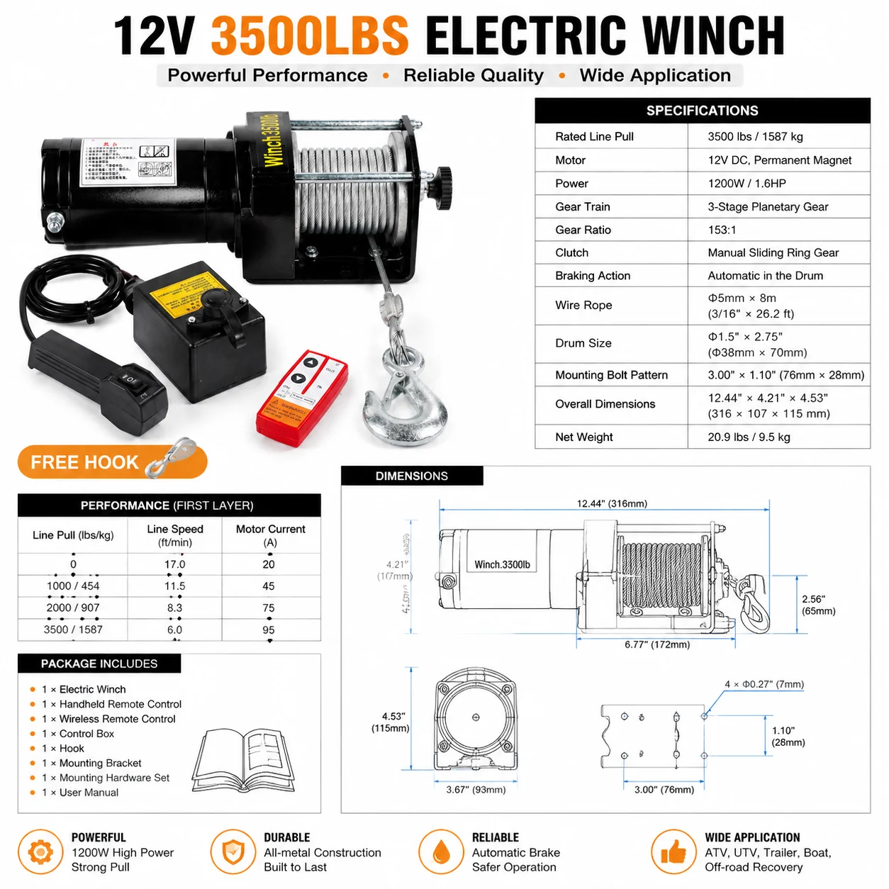 3500lbs 12V 24V Electric Wire Rope Winch Self-lifting for Off-road Truck Folding Jib Crane Lifting Equipment Recovery Power Tool