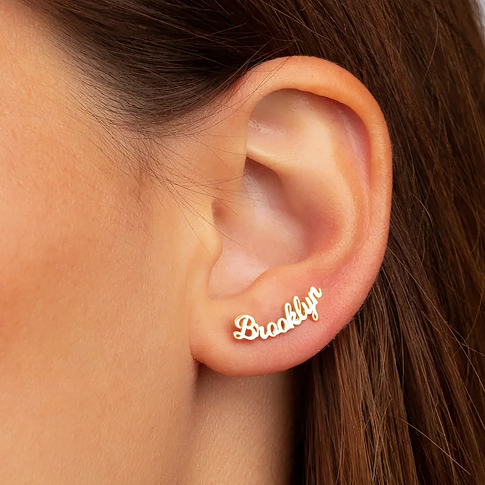 Women Custom Curved Name Stud Earrings Stainless Steel 3 Color Script Personalized Minimalist Ear Accessories