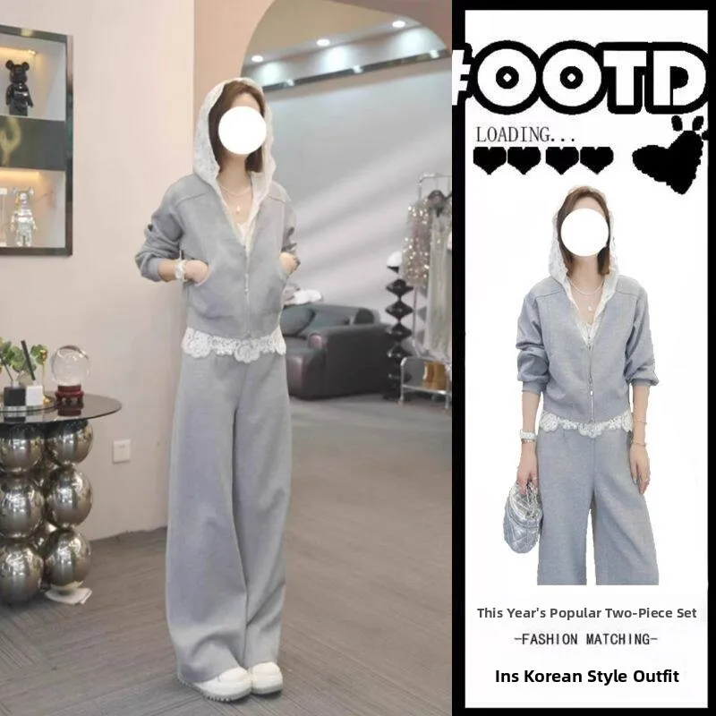 

Весенний повседневный спортивный костюм 2026: женский комплект из двух предметов с кружевными вставками, худи и широкие брюки, модный уличный стиль для отдыха