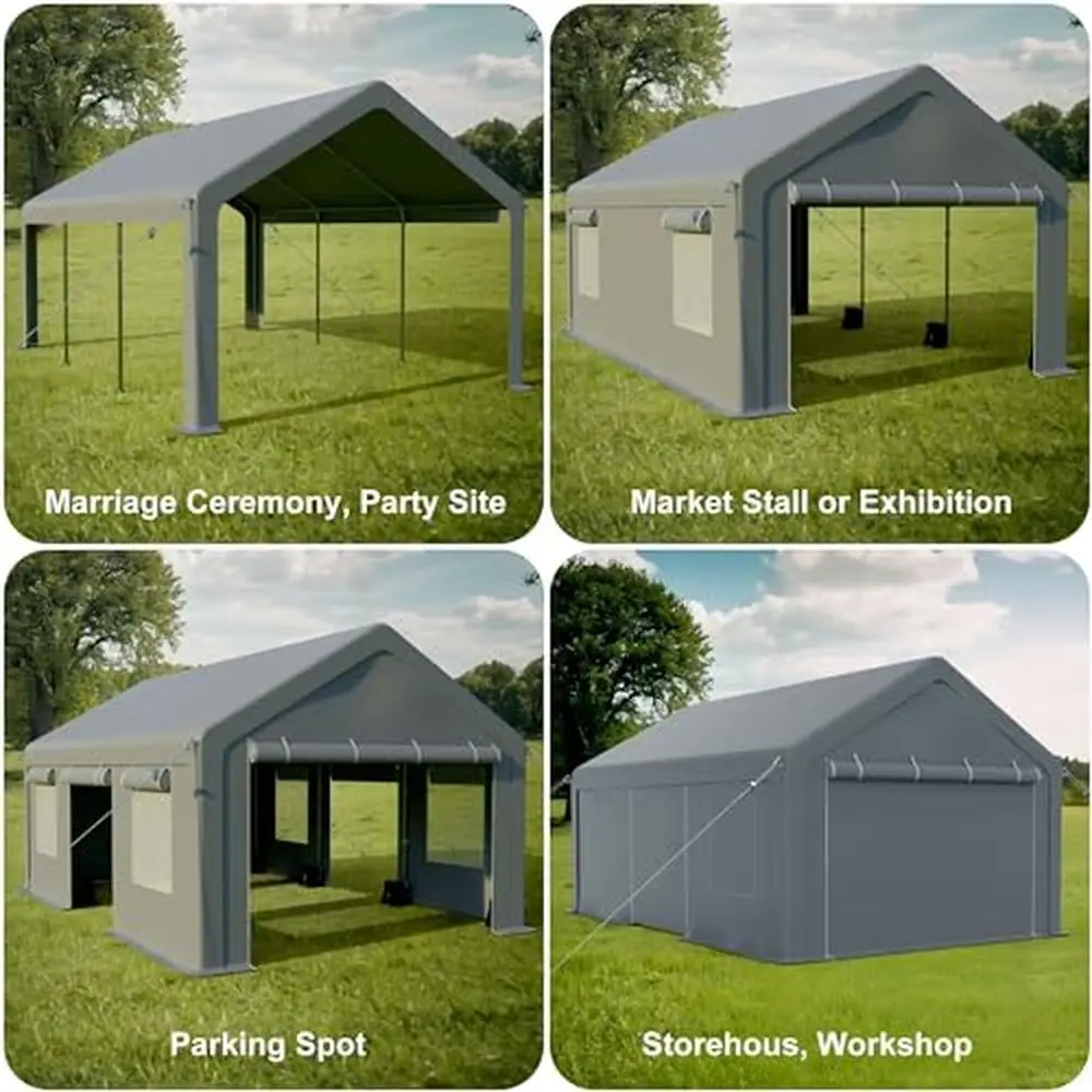 Portable Carport Canopy with Roll-up Doors & Ventilated Windows Heavy Duty 13x20ft All-Season Garage Vehicles & Outdoor Events