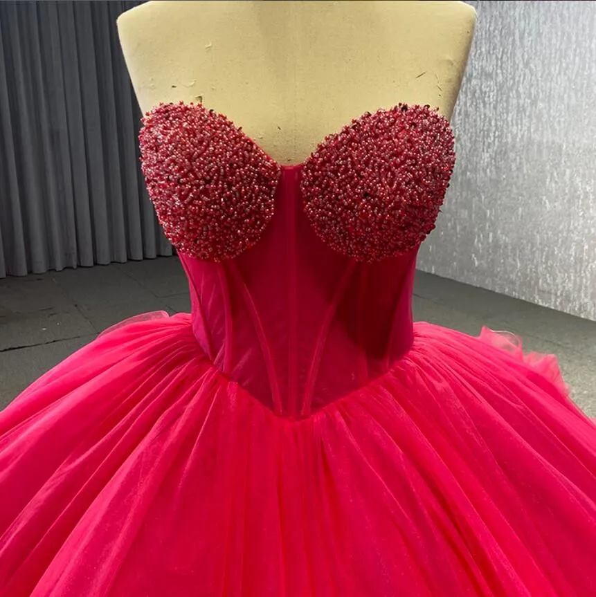 Vestido de baile rosa fucsia para quinceañera, corsé de cristal de lujo con cordones, falda con volantes, vestido de princesa de 15 años