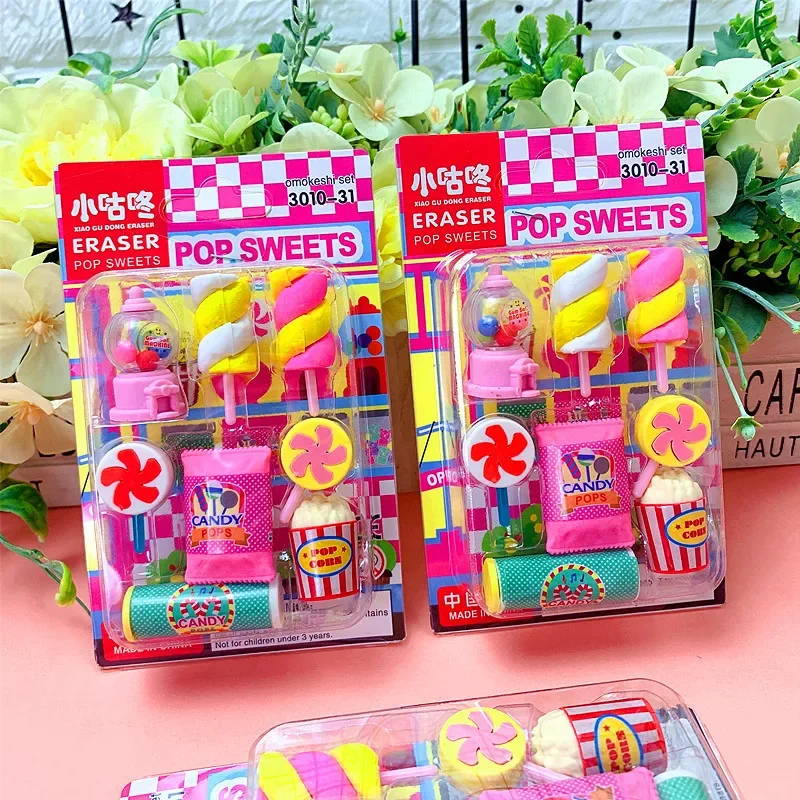 1 Pcs Cute Pupils' Stationery Cartoon Popular Candy Eraser Raffle Machine French Fries Lollipop Shape