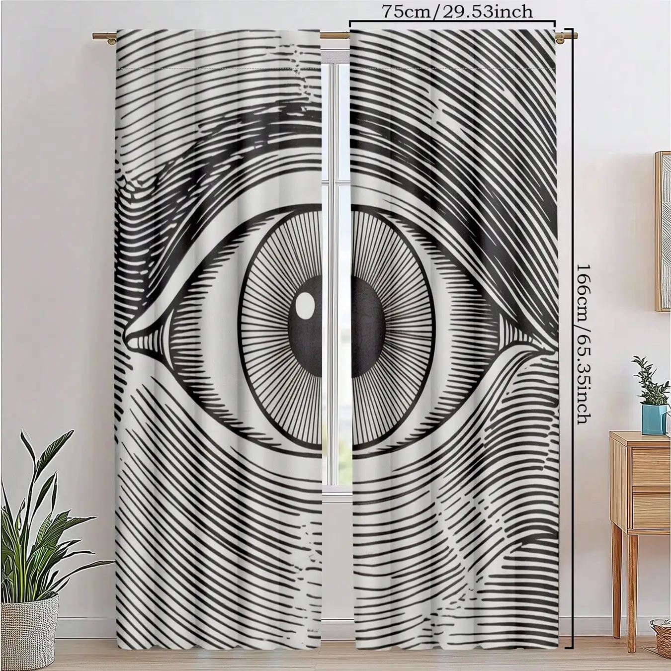 Flat 2D Printed Curtains, Set Of 2, Featuring An Eye Sketch Design. No Electricity Needed, Perfect For Bedrooms, Living Areas
