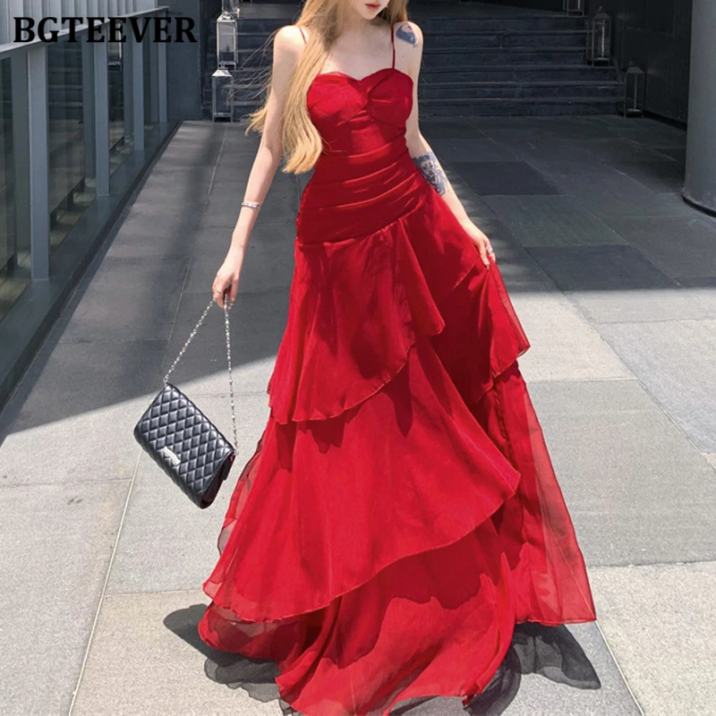 BGTEEVER Summer Elegant Ladies Spaghetti Strap Ruffles A-line Dress Vintage Women Slim Waist Sleeveless Party Dress