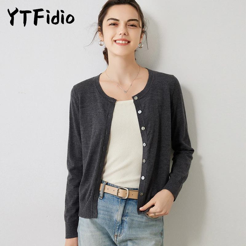 YTFidio 100% Cashmere Women O-neck Cardigan Solid Soft Warm Casual Warm Knitwear Tops Office Cardigan 47