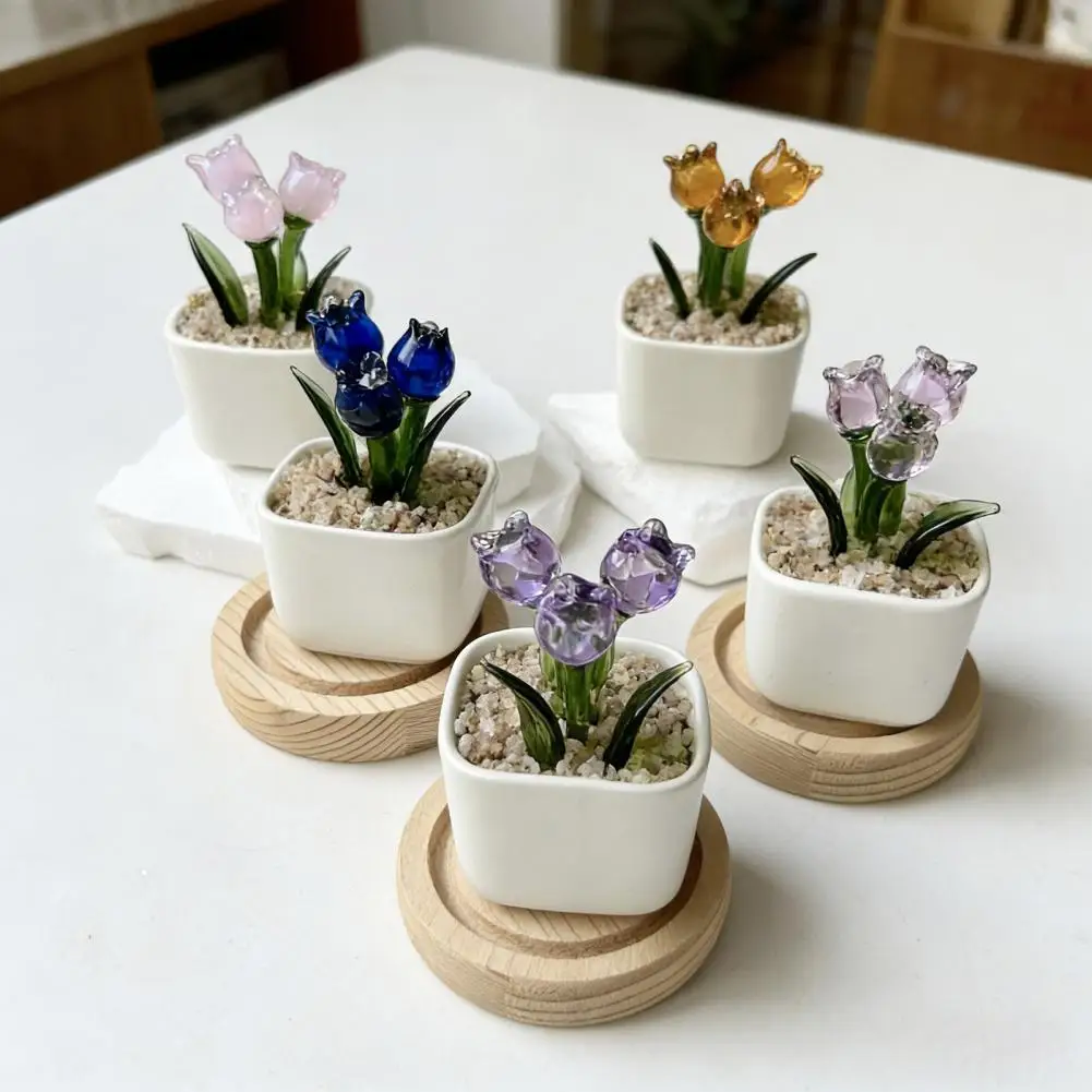 Mini Potted Glass Flower Decoration Miniature Tulip Flower Planter Pot Figurine Statue Home Office Bookshelf Desktop Ornament