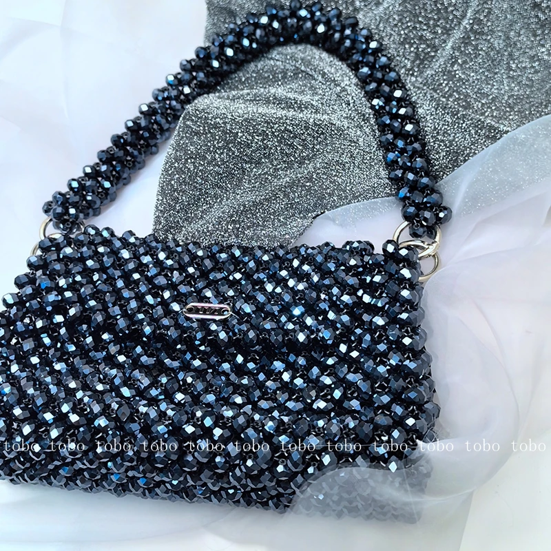 Black Crystal Bead Woven Cosmetic Bag for Makeup Evening Party Bags for Women Summer Casual Large Capacity Shoulder Bags