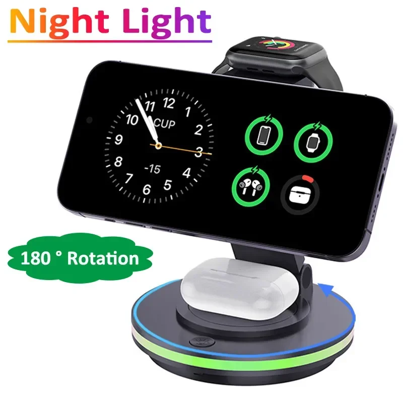 4 in 1 Magnetic Wireless Charger Fast Rotate Foldable Night Light For iPhone 15 14 13 12 Pro Max Apple Watch 8 7 Aripods 2 3