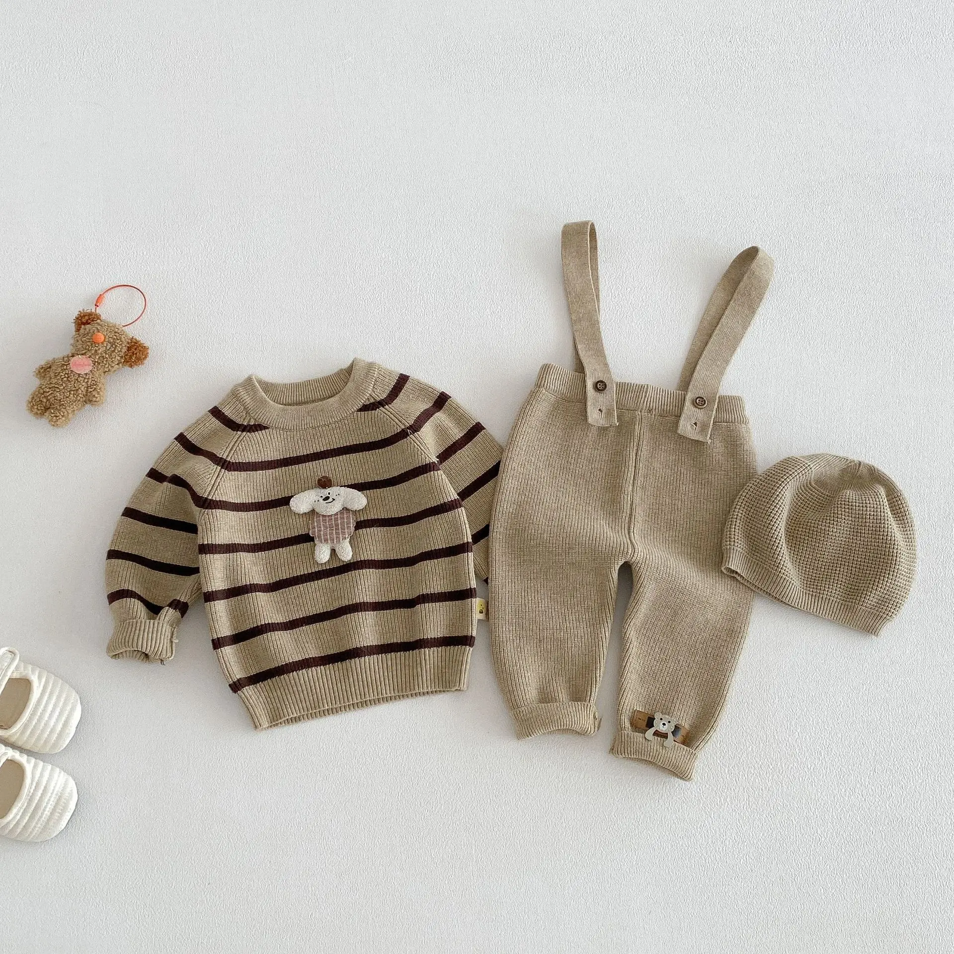 

Baby Clothing Set Spring Autumn New Baby Boy's Knitted Sweater+Suspenders Pant+Hats Girl's Three-piece Suit