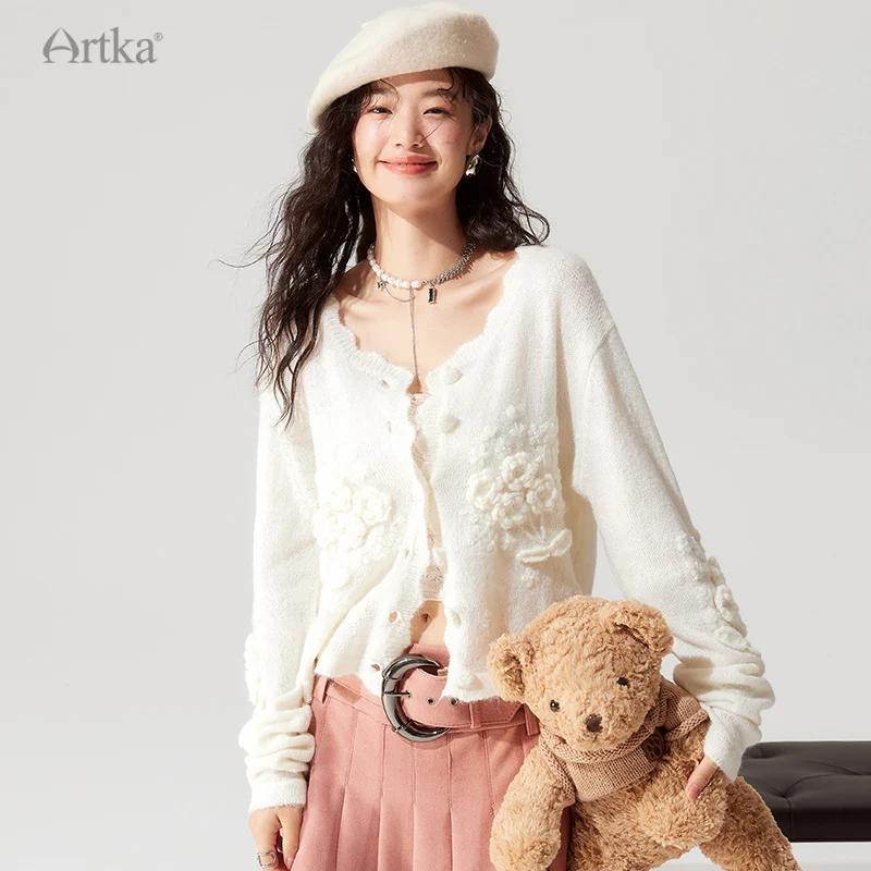 ARTKA 2023 Autumn New Elegant Handmade Crochet Flower Wool Knitted Sweater Long Sleeve White Cardigan Outerwear Female WB92332Q