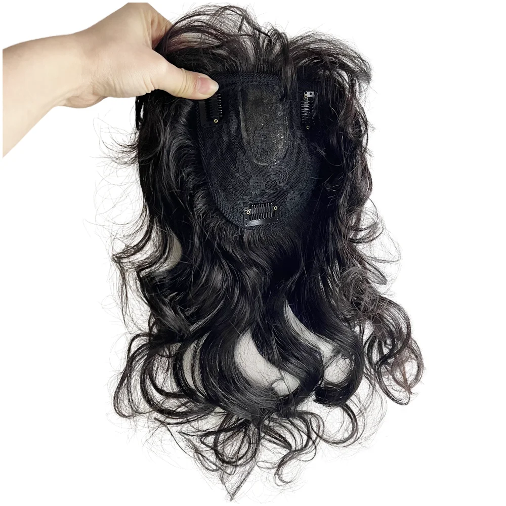 Natural Body Wavy Clip in Human Hair Topper for Women #1B Soft Hairpiece Extension for Mild Woman Increase Hair Volume Remy