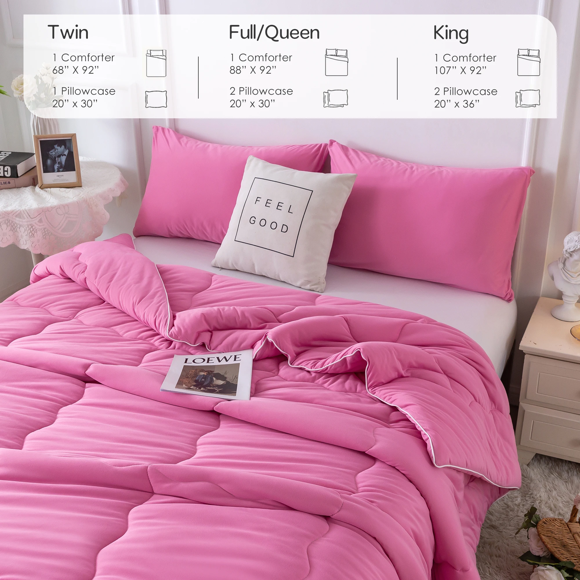 Available in all seasons Lightweight and warm Bedding1 Down Alternative with 2 Pillowcase Use Rose pink Queen Size