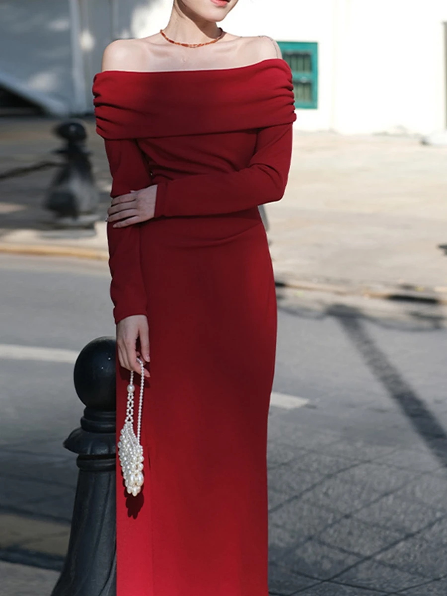 

Retro Red One-oulder Long Sve Dr Slimming Waist Ele Floor-Length Ceremony Dr for Wedding Toasts And Celebrations