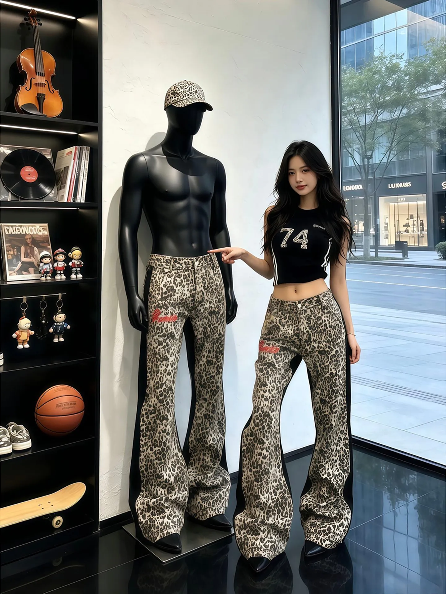 American High Street Leopard Embroidery Jeans Men Women Style Slim Fit Patchwork Pants Four Seasons Design Bell Bottoms