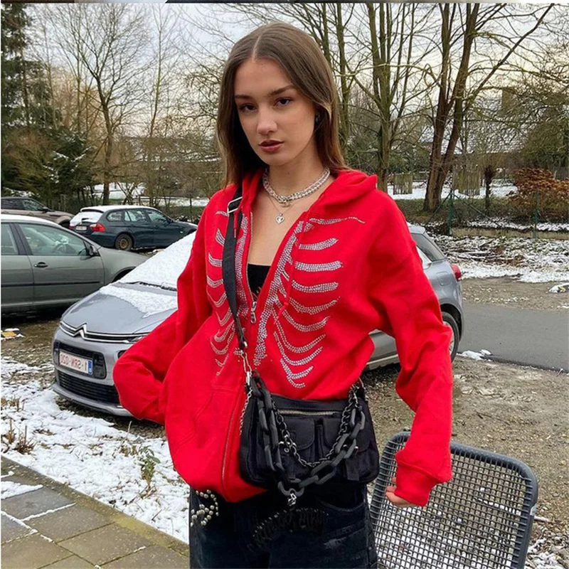 Women Gothic Black Zip Up Oversized Sweatshirts Y2K Rhinestone Skeleton Hoodies Female Retro Harajuku Hooded Jacket Streetwear