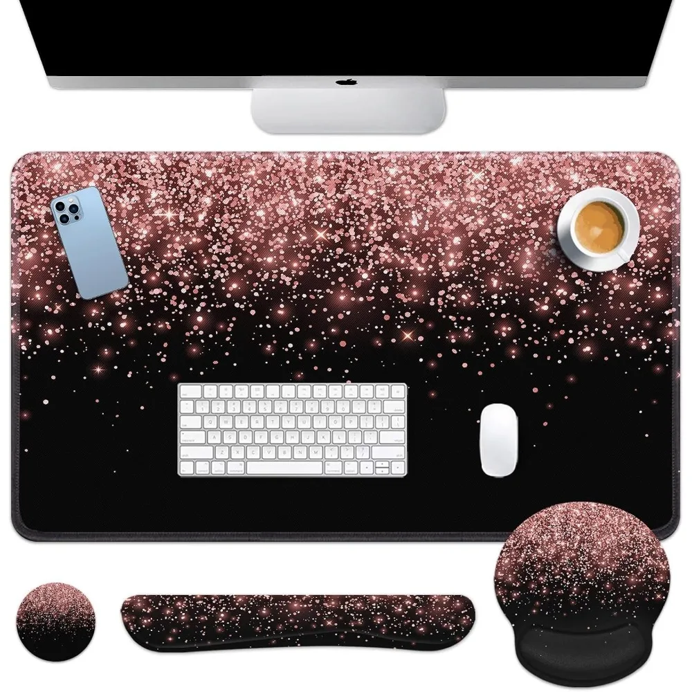 Elegant Rose Gold Pink 4-in-1 Mousepad Set with Wrist Rests for Comfortable Typing and Mousing