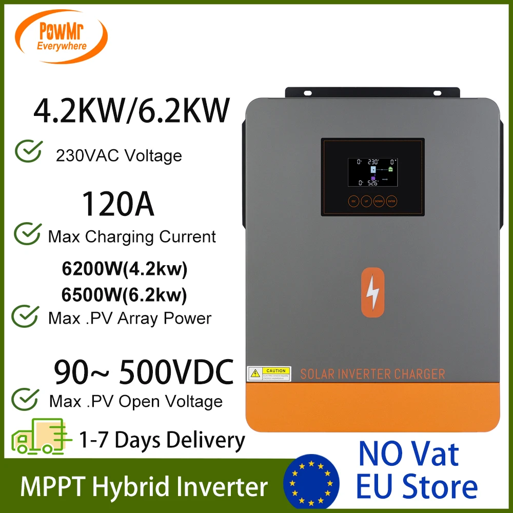 4,2KW 6,2KW 48V On/Off-Grid Hybride Solar Inverter met 120A MPPT Solar Charger Controller 230VAC Max PV Ingang 500Vdc Zuivere Sinusgolf Inverter Geschikt voor LifePo4 Batterijen