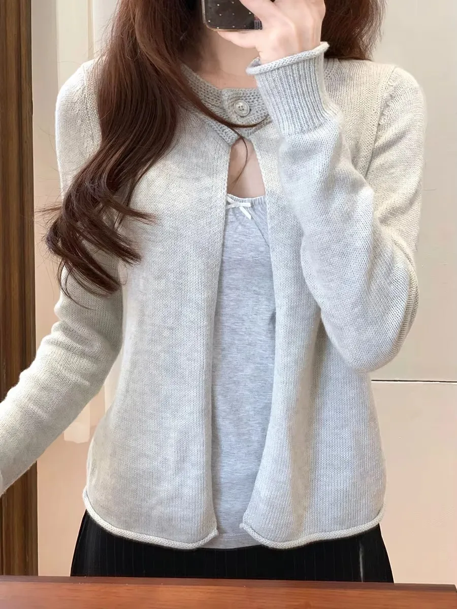 Sweet Gray Single Button Sweater Cardigan Women Casual Raw Hem O-neck Long Sleeve Knitwear Top Vintage Simple All-match Tops Y2K