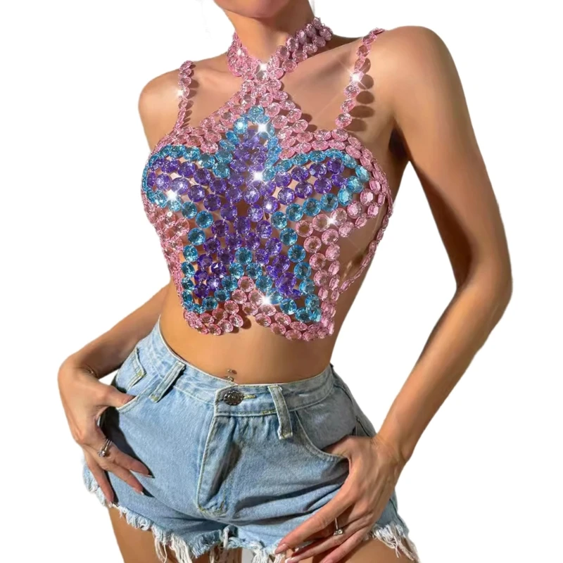 Women Colorful Crystal Camisole Backless Rhinestones Star Crop Top Body Jewelry P8DB