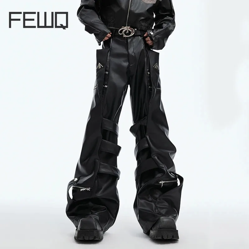 FEWQ High Street Men\'s Pants Casual Pu Leather Zippers Patchwork Metal Design Solid Color Straight Leg Male Trousers 24E2356