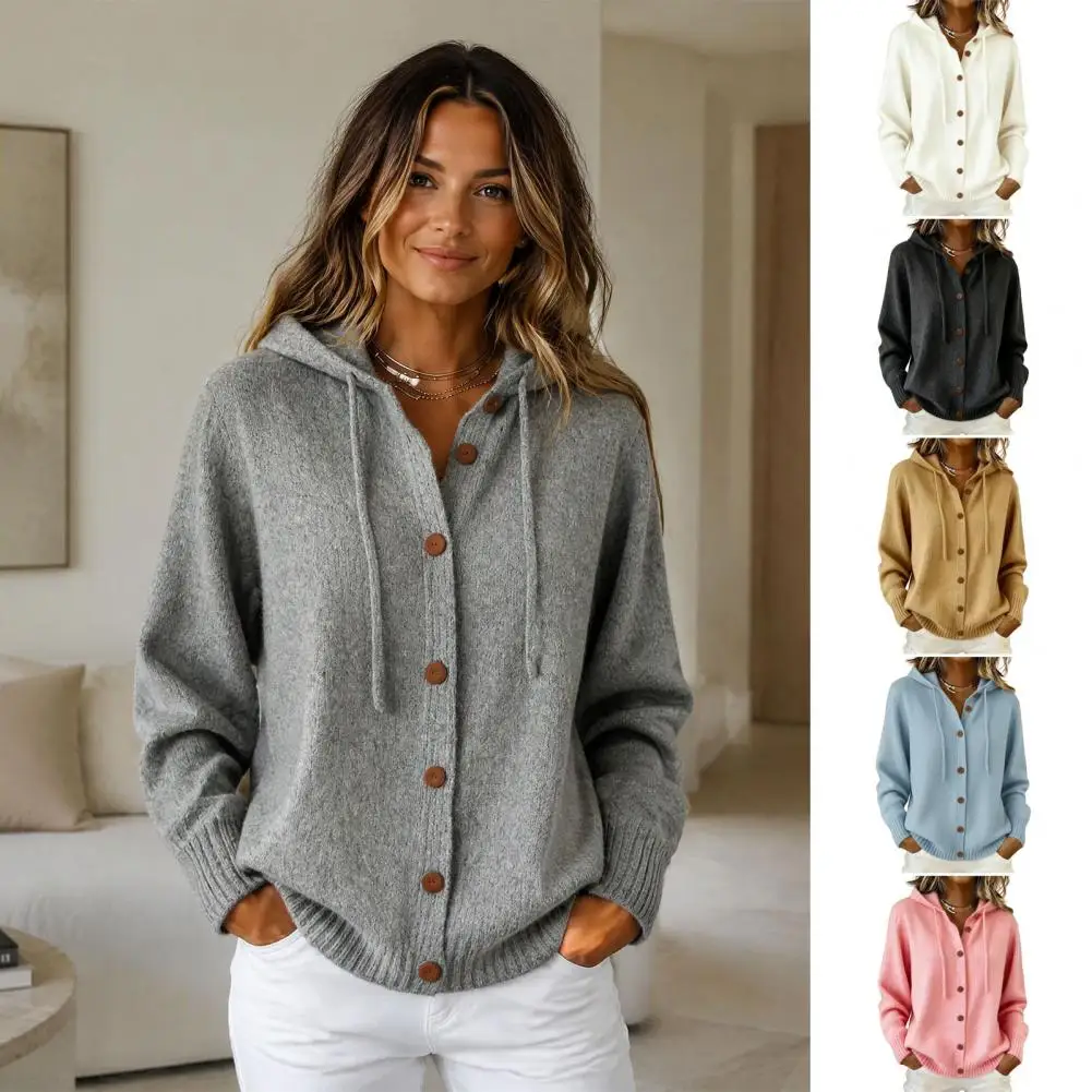 Damen Kapuzen-Strickjacke mit Knöpfen, Langarm, Einfarbig, Lässiger Pullover, Strickwaren für Herbst und Winter