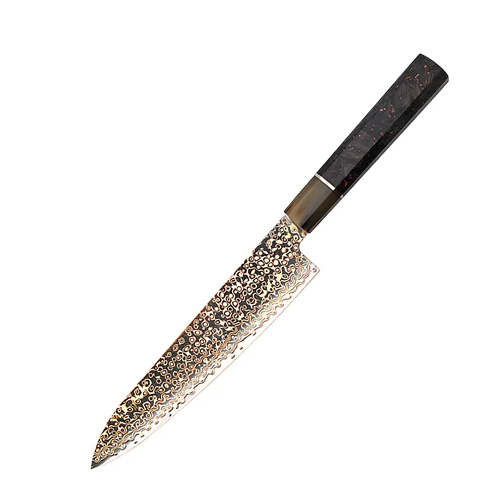 YAN 8 Inch Chen Knife Japanese Aichi 57 Layers Copper Brass Damascus Steel Chef Knife AUS-10 Carbon Fiber Resin Handle