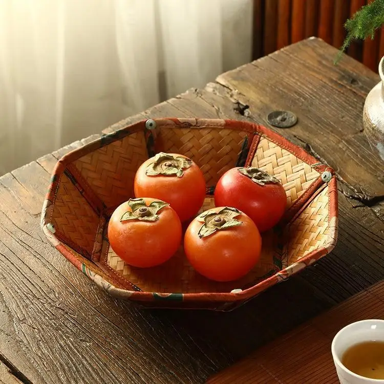 

HeMu Bamboo Woven Fruit Plate Home Living Room Fruit Basket Snack Plate Dried Fruit Plate Storage Plate Hotel Restaurant Tray