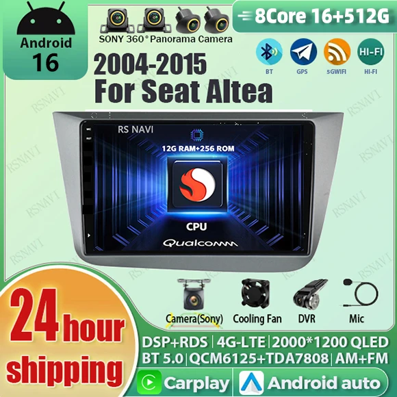 Android 16 Carplay Auto Qualcomm 2K QLED Screen Car Radio Player For Seat Altea 2004 - 2015 GPS Stereo BT Wifi 4G 16G-512G DSP