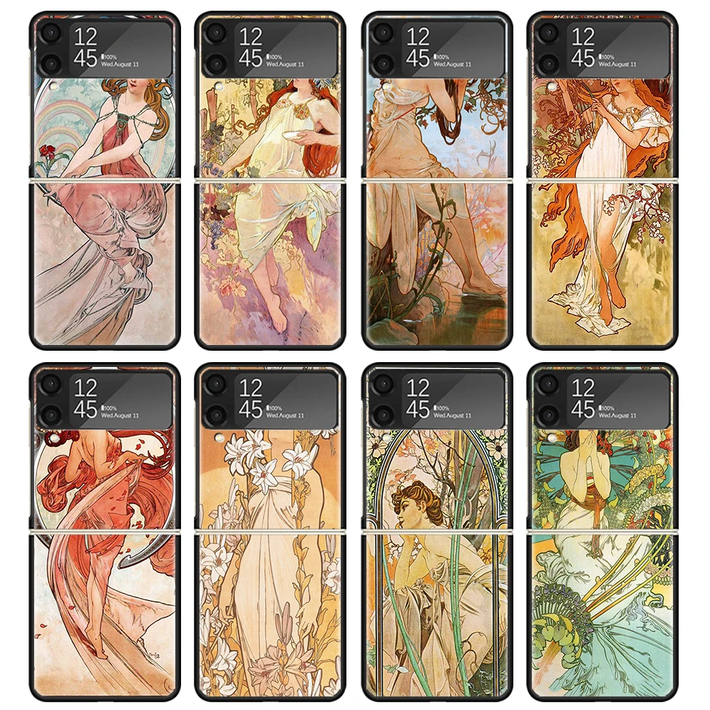 Alfons Mucha Primavera Case For Samsung Galaxy Z Flip 4 5 3 z Flip5 Flip4 5G Hard Phone Cover Flip3 Split Folding Black Plastic