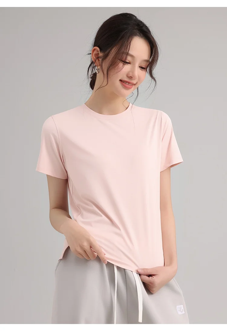 Cooling Round-Neck Quick-Dry Sports T-Shirt Women Summer, Breathable, UV Protection, Split Hem, Outdoor Fitness Yoga Top Gym