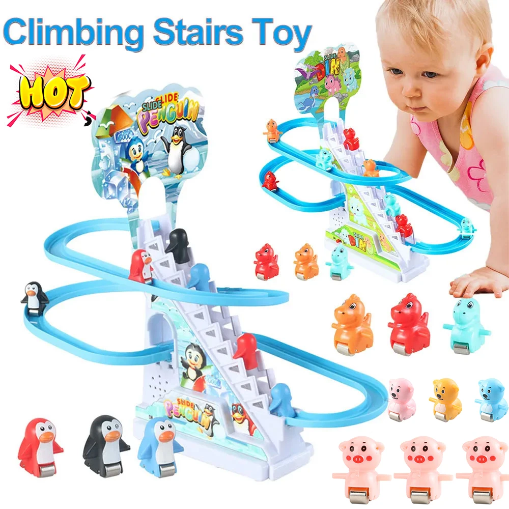 Kids Electric Climbing Stairs Toy DIY Small Penguin Dinosaur Rail Racing Track Music Roller Coaster Duck Toy For Baby Kids Gift