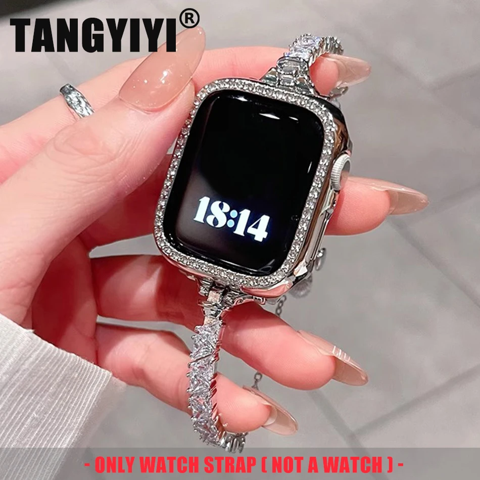 สายนาฬิกาสำหรับ Apple Watch Band S11/10/9/8/7/SE/5/4/Ultra 3 IWatch 49/46/45/44/42/41/40/38 มม. สายรัดข้อมือเพชรทรงสามเหลี่ยมหรูหราประดับเพชรซิร์คอน