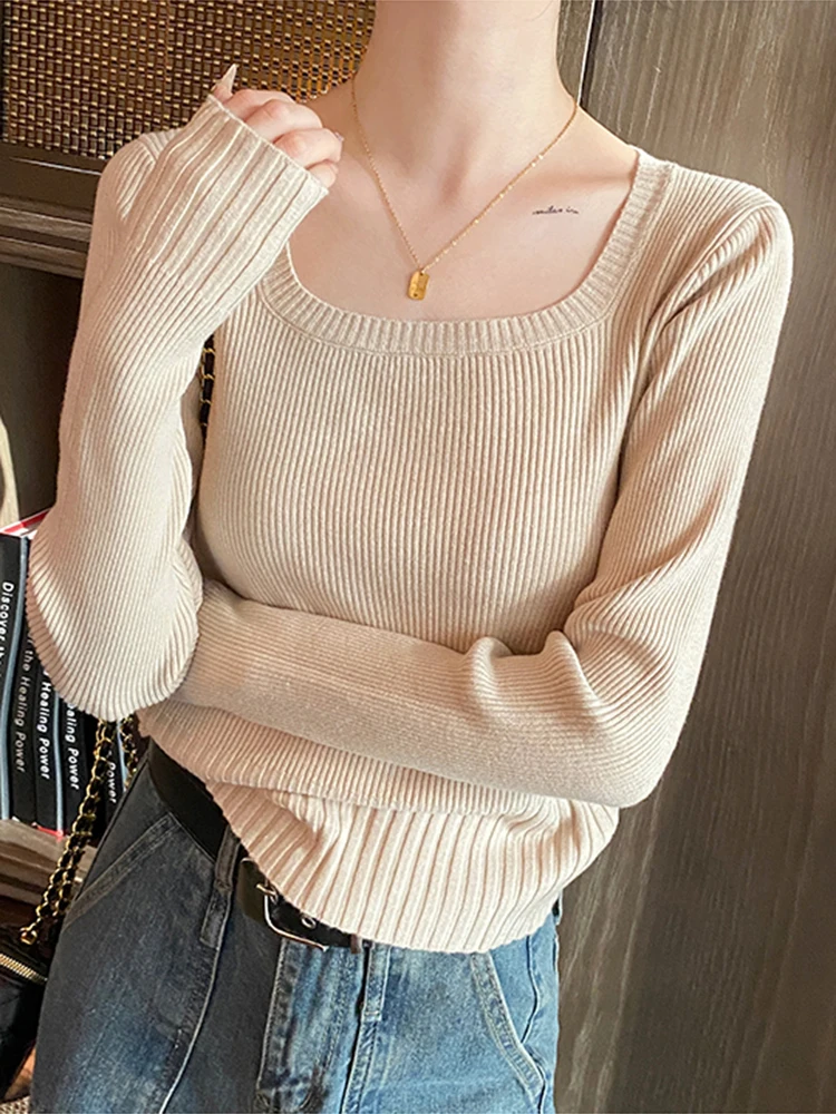 2024 U Neck Women Autumn Winter Sweaters Slim Knitted Pullovers Soft Warm Solid Jumper Female Sweater Casual Knitwear Jersey Top