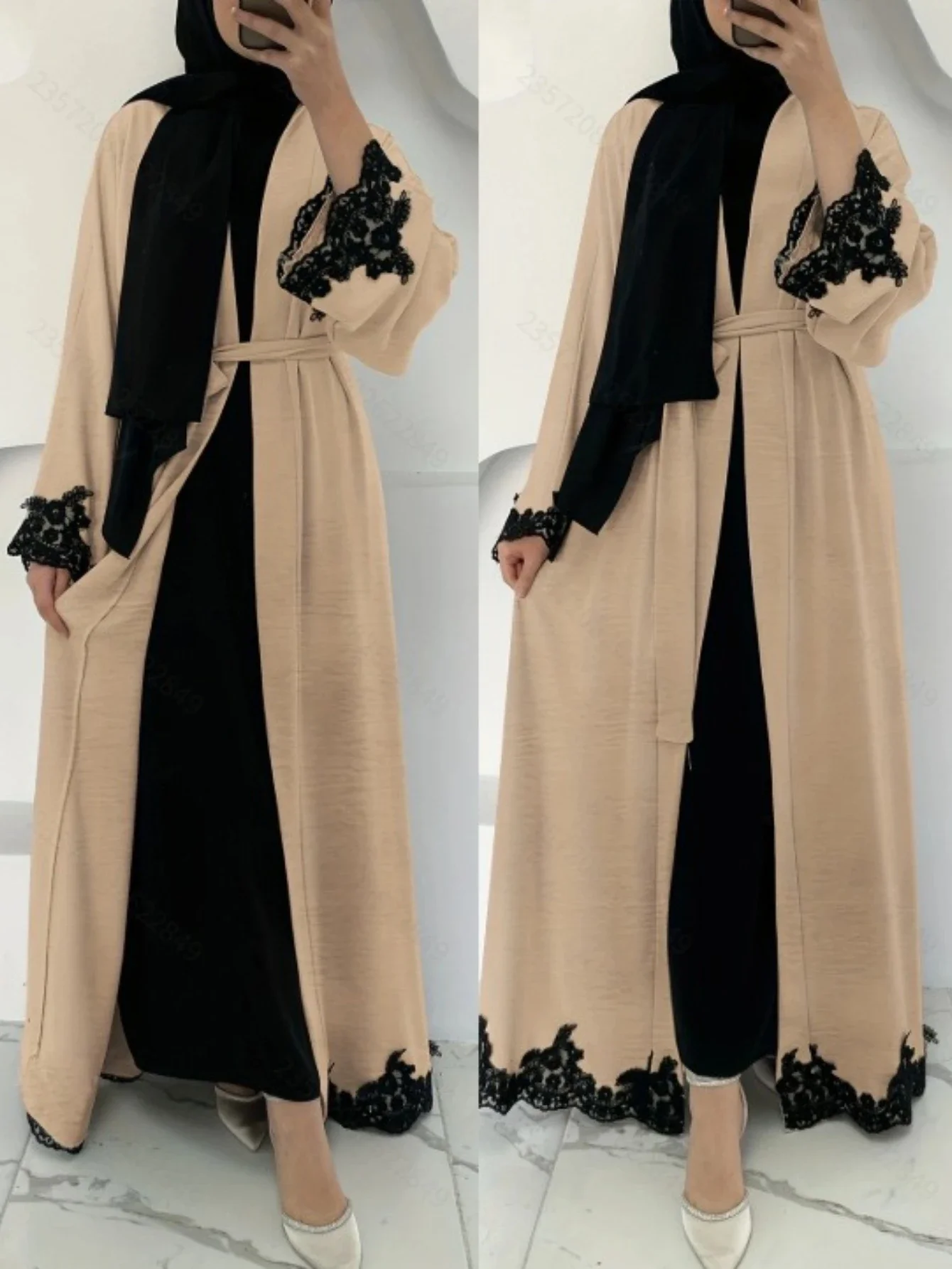 طقم نسائي مكون من قطعتين فستان دانتيل عباية سترة متواضعة أطقم إسلامية فيستدوس عربي طويل رداء رمضان دبي جلابية قفطان المغرب #6