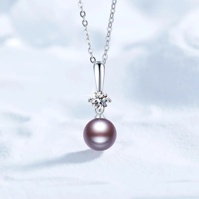 

s925 sterling silver 100%moissanite pearl necklace Princess Diana Imperial purple natural freshwater pearl pendant female