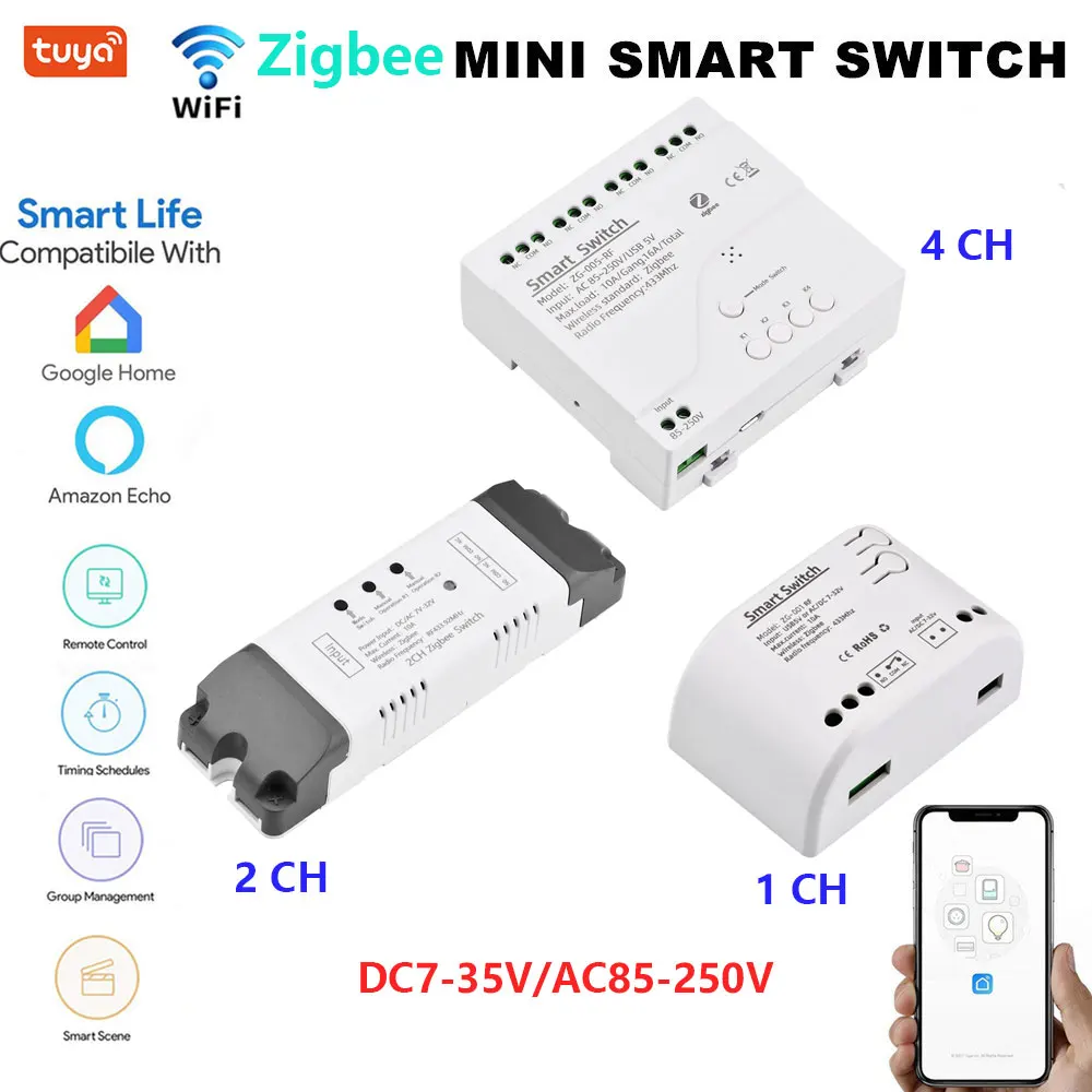 1/2/4CH DC7-32V/AC85-250V Tuya ZigBee 3.0 Wifi Smart Light Switch Relay Module RF433 Remote Control Alexa Google Home Smart